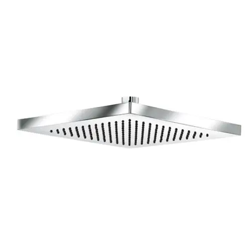 Eckige Metall-Duschbrause mit glänzender Oberfläche und gleichmäßig verteilten Auslasslöchern, designiert von Kludi.
